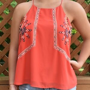 Red/Orange Embroidered Halter Top